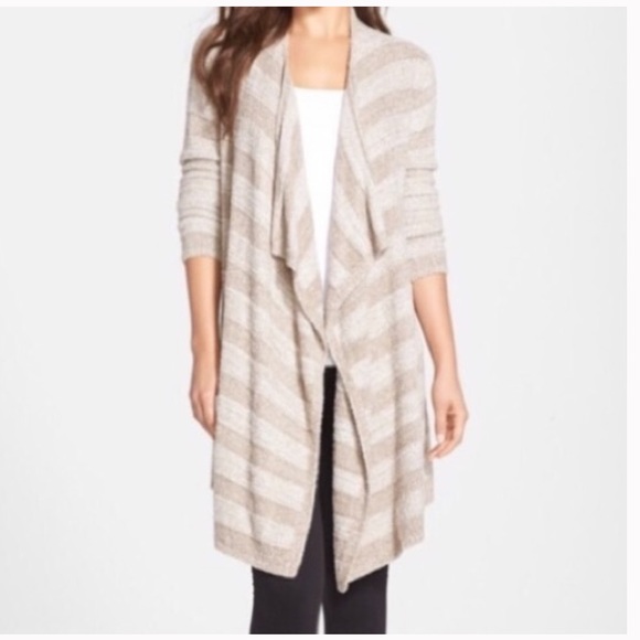 MBarefoot Dreams Tan Cozy Chic Lite Calypso Wrap Open Front Striped Cardigan S/M - Picture 1 of 16